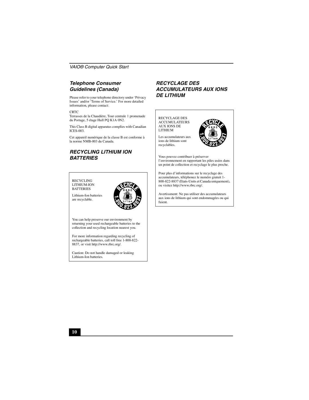 Sony PCG-V505DC1, PCG-V505DX, PCG-V505DH quick start Telephone Consumer Guidelines Canada, Crtc 