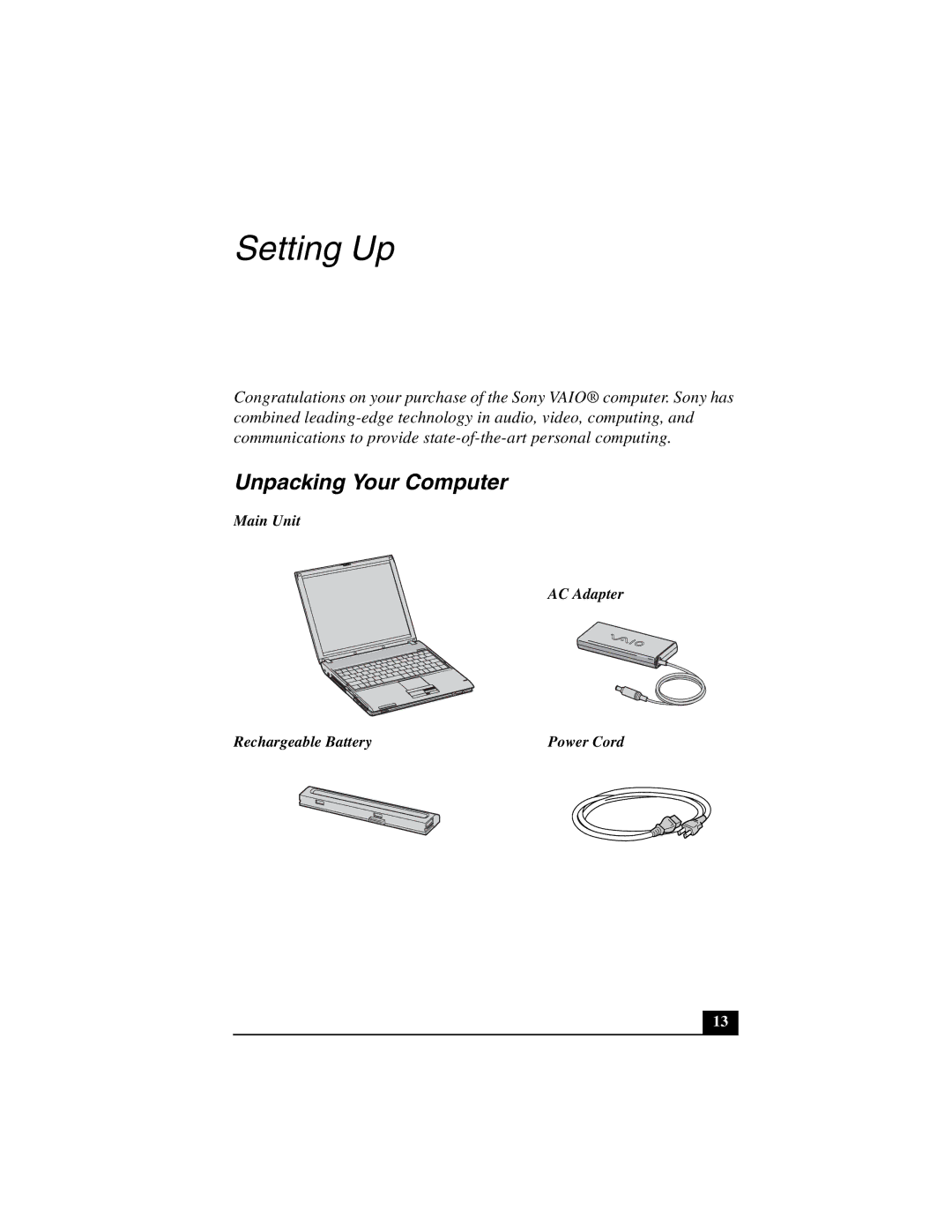 Sony PCG-V505DC1, PCG-V505DX, PCG-V505DH quick start Unpacking Your Computer, Main Unit AC Adapter Rechargeable Battery 