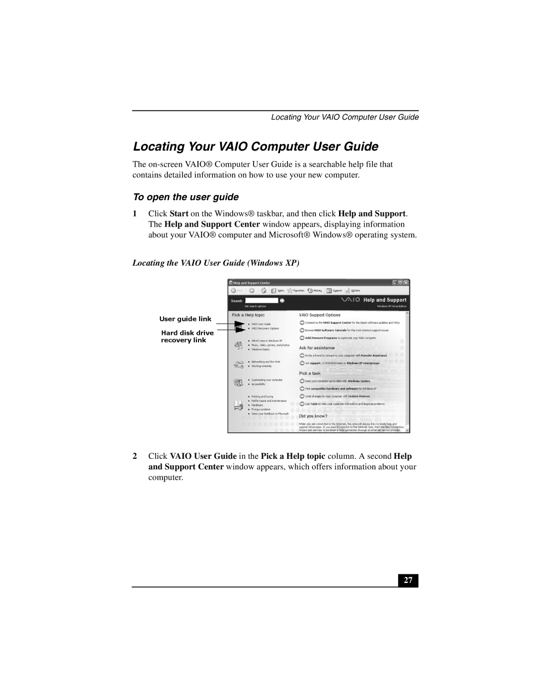 Sony PCG-V505DX, PCG-V505DC1, PCG-V505DH Locating Your Vaio Computer User Guide, Locating the Vaio User Guide Windows XP 