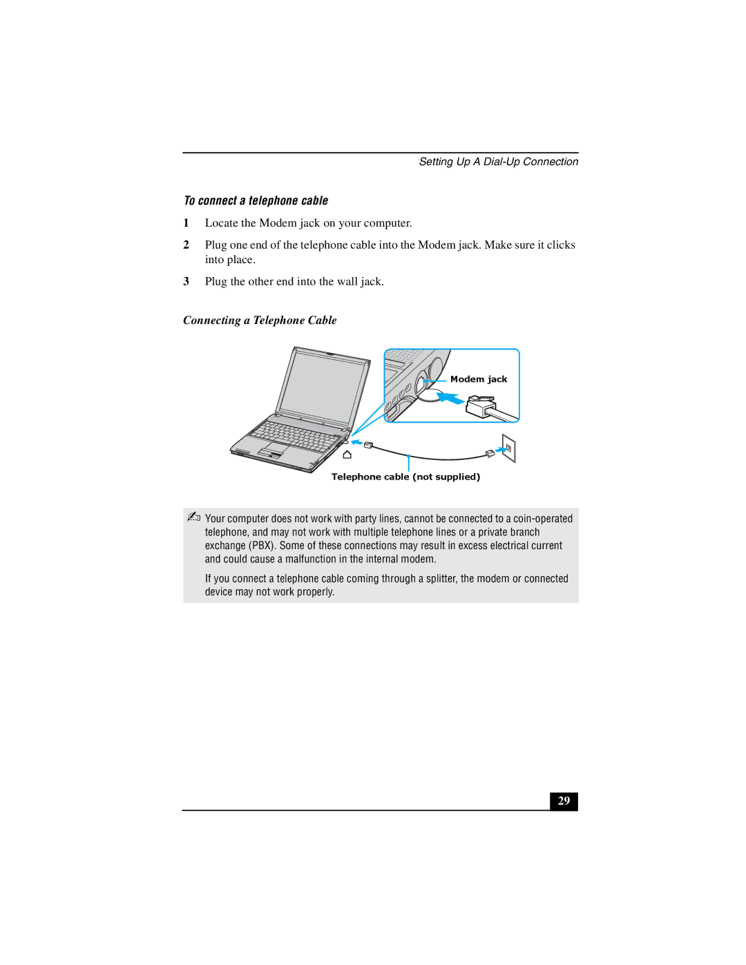 Sony PCG-V505DH, PCG-V505DX, PCG-V505DC1 quick start To connect a telephone cable, Connecting a Telephone Cable 