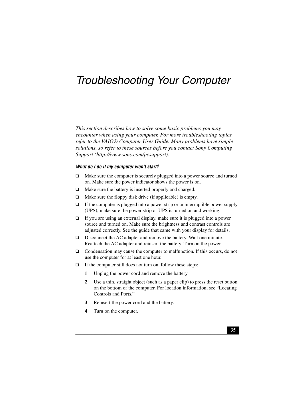 Sony PCG-V505DH, PCG-V505DX, PCG-V505DC1 quick start Troubleshooting Your Computer, What do I do if my computer won’t start? 