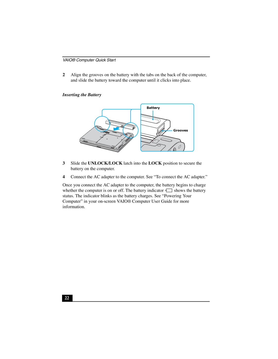 Sony PCG-V505E quick start Inserting the Battery 