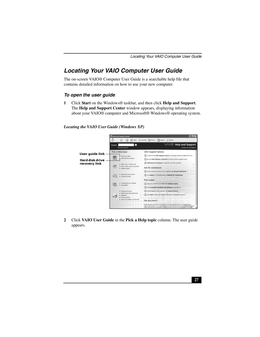 Sony PCG-V505E quick start Locating Your Vaio Computer User Guide, Locating the Vaio User Guide Windows XP 