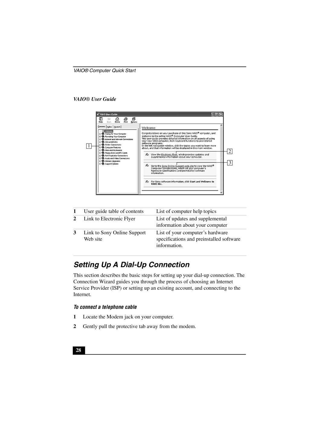 Sony PCG-V505E quick start Setting Up a Dial-Up Connection, Vaio User Guide, To connect a telephone cable 