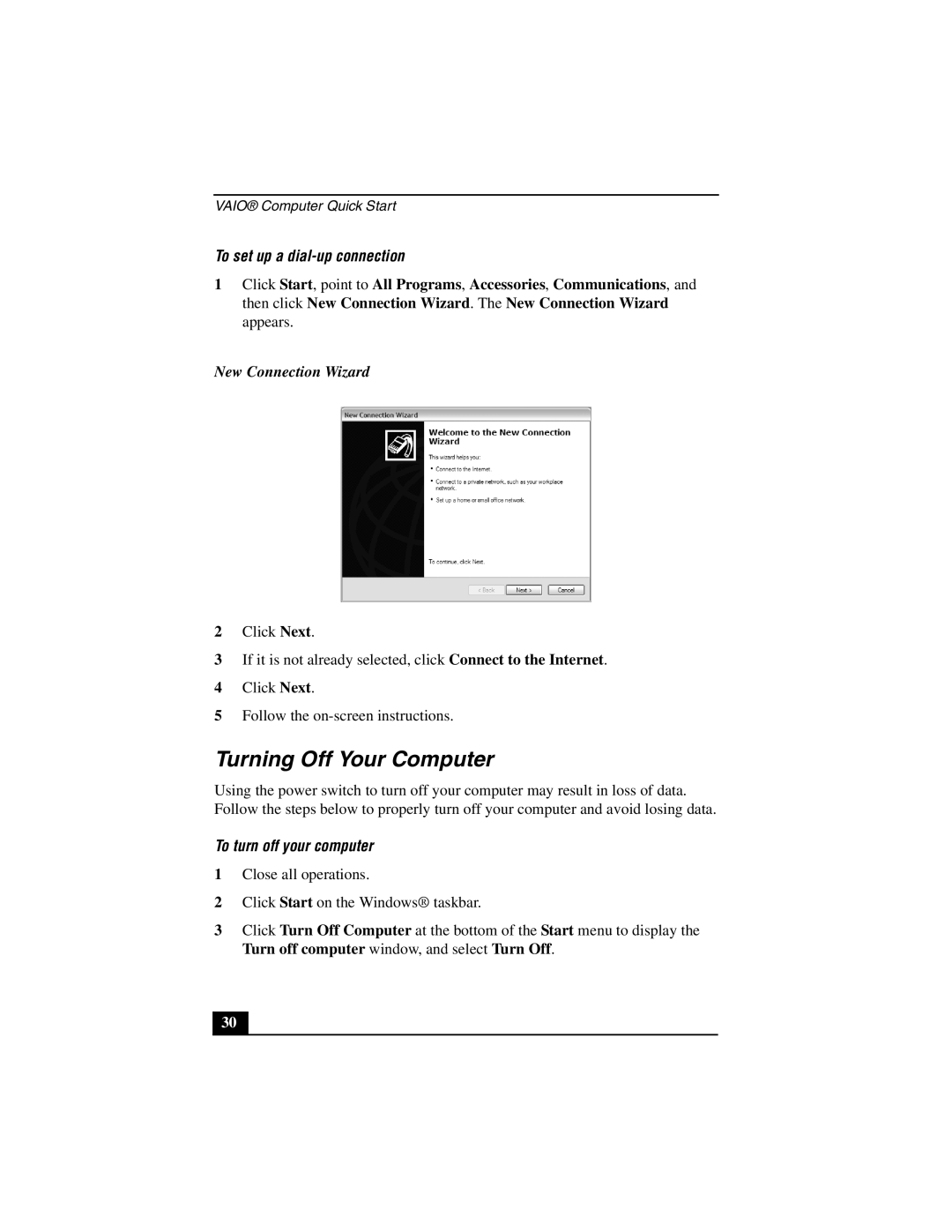 Sony PCG-V505E Turning Off Your Computer, To set up a dial-up connection, New Connection Wizard, To turn off your computer 