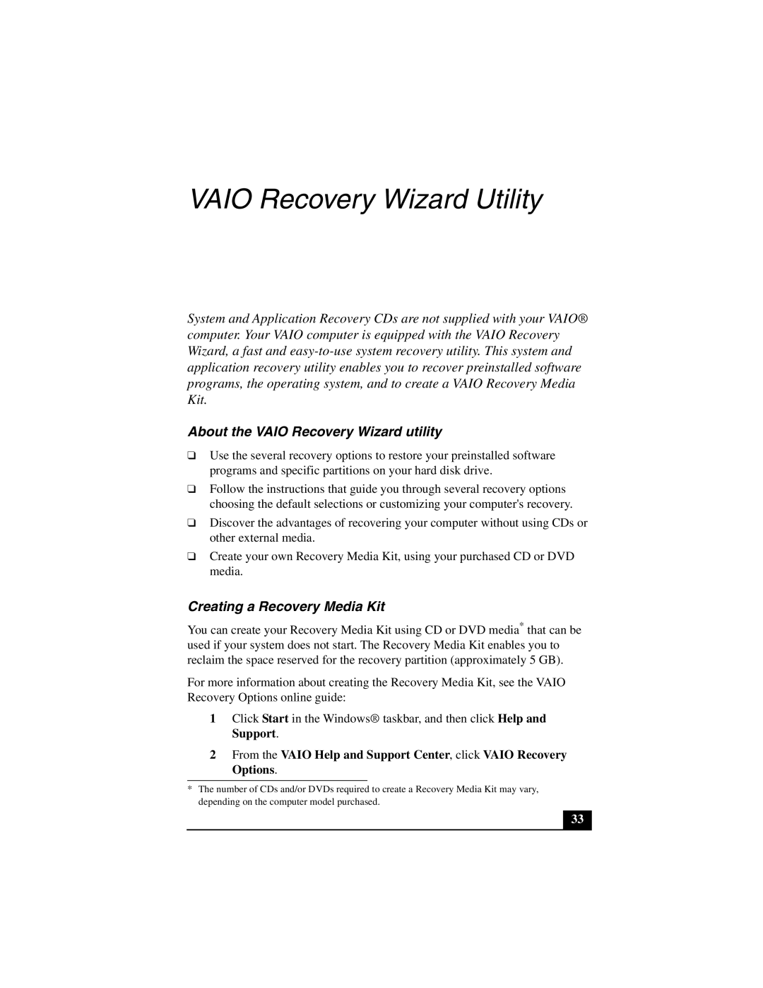 Sony PCG-V505E quick start Vaio Recovery Wizard Utility 