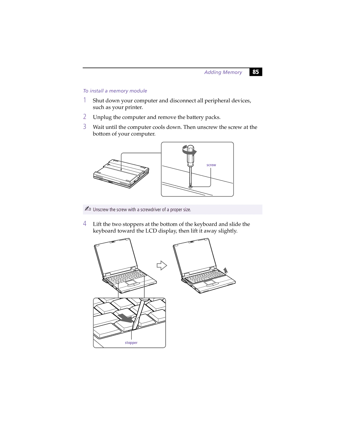 Sony PCG-XG19, PCG-XG18 manual Adding Memory To install a memory module 