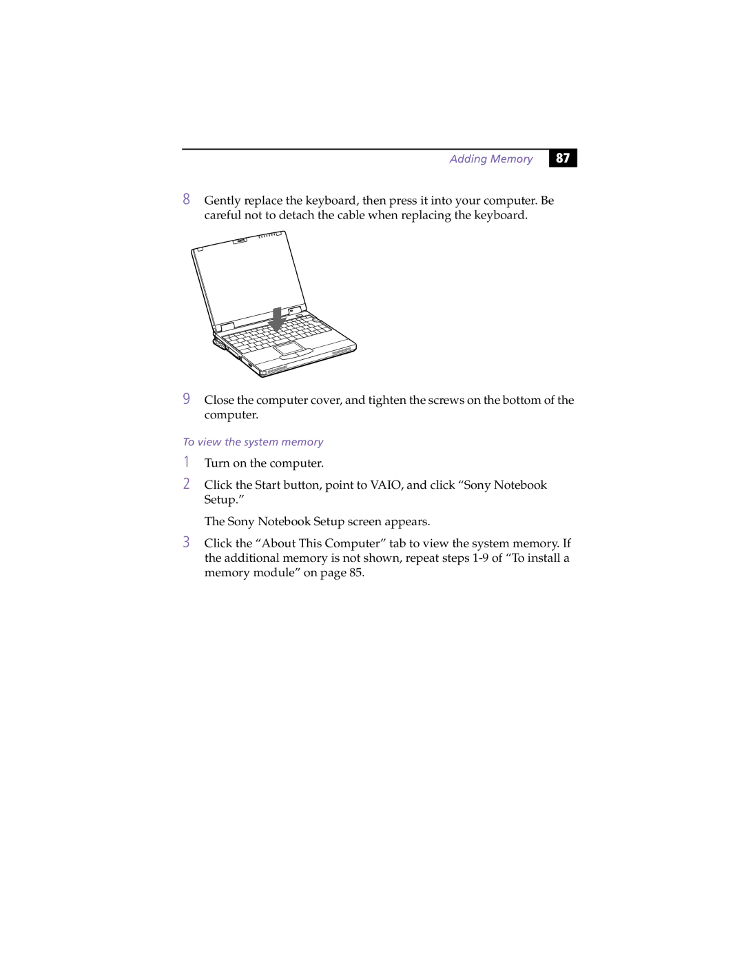 Sony PCG-XG19, PCG-XG18 manual Adding Memory, To view the system memory 