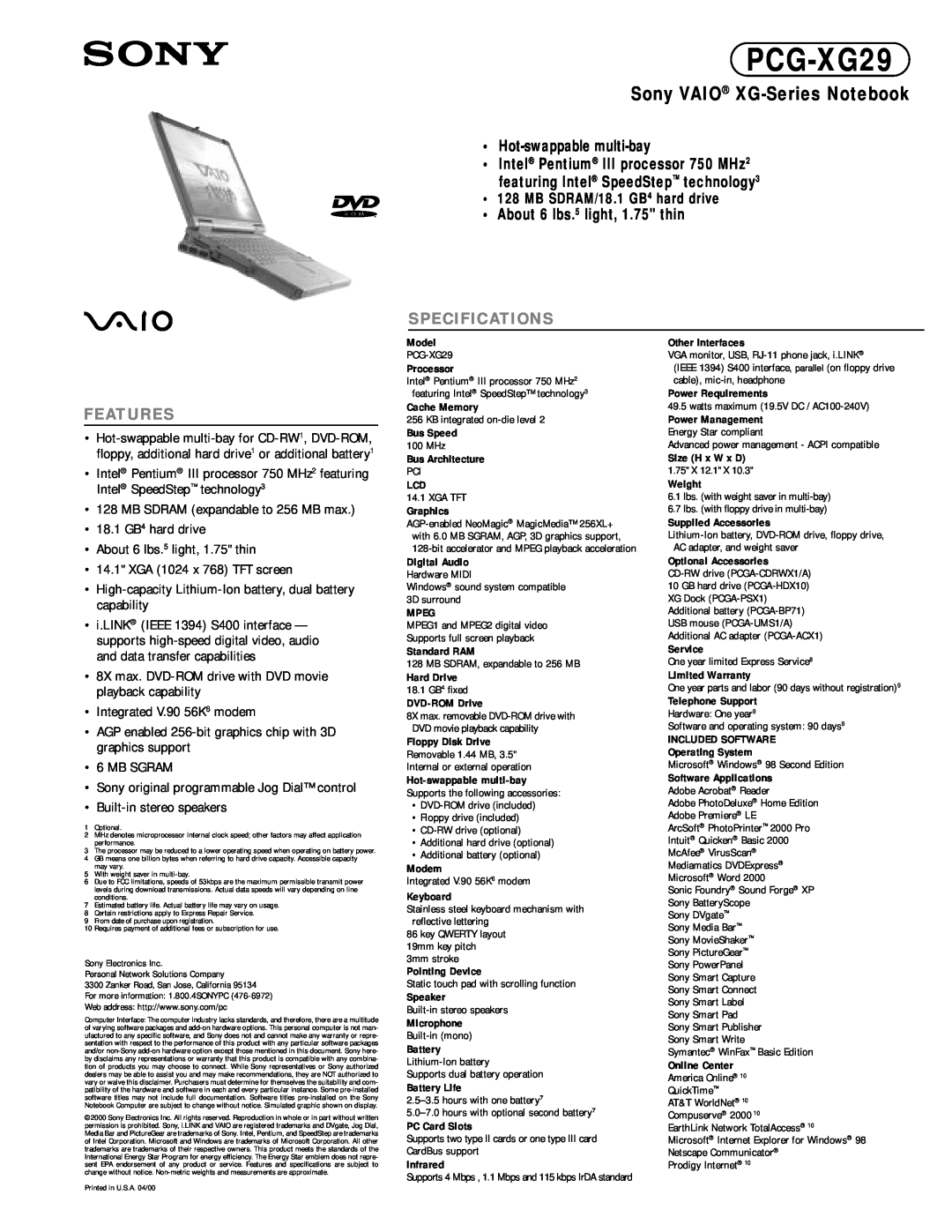 Sony PCG-XG29 specifications Sony VAIO XG-Series Notebook, Features, Hot-swappable multi-bay, Specifications 