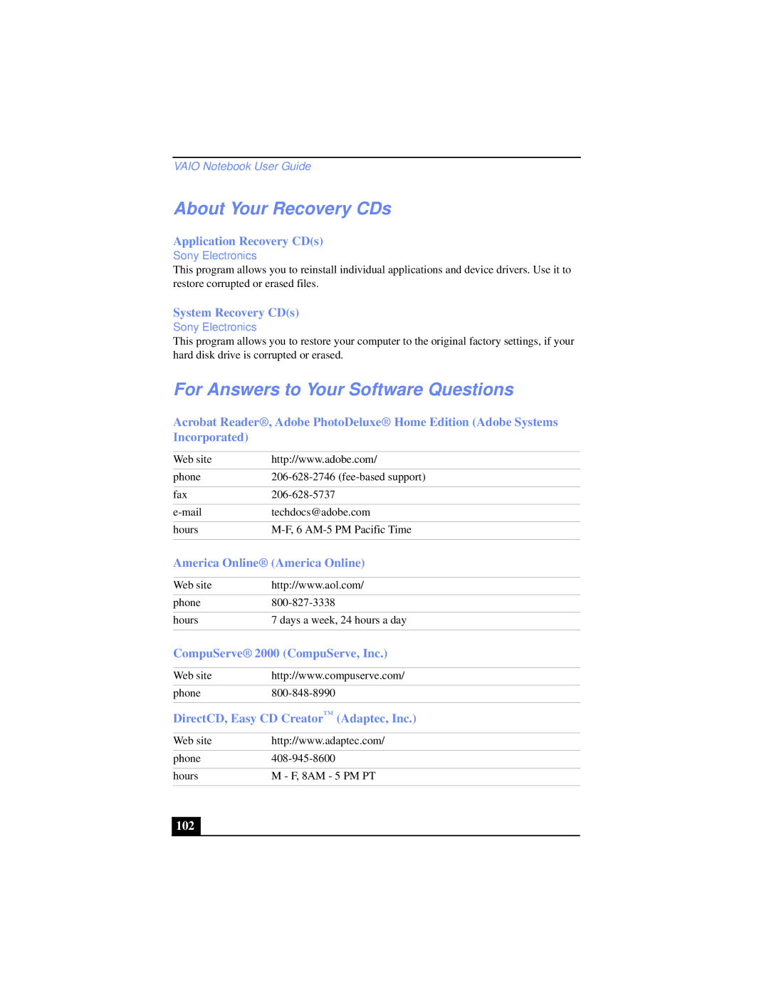 Sony PCG-XG39K, PCG-XG38K manual About Your Recovery CDs, For Answers to Your Software Questions, 102 