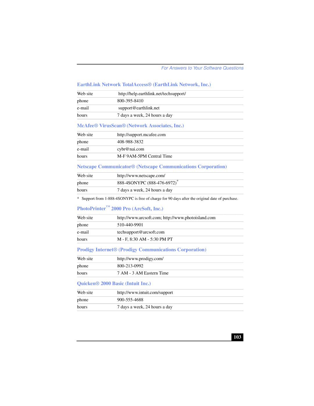 Sony PCG-XG38K, PCG-XG39K manual EarthLink Network TotalAccess EarthLink Network, Inc, 103 