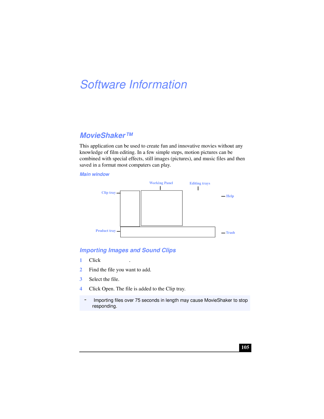 Sony PCG-XG39K, PCG-XG38K manual MovieShaker, Importing Images and Sound Clips, 105, Main window 