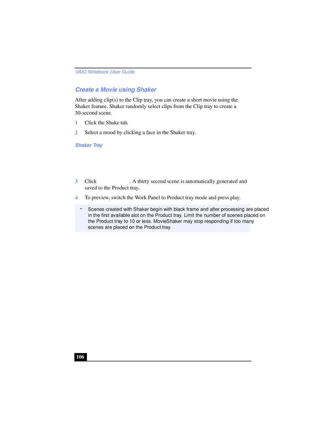 Sony PCG-XG39K, PCG-XG38K manual Create a Movie using Shaker, 106, Shaker Tray 