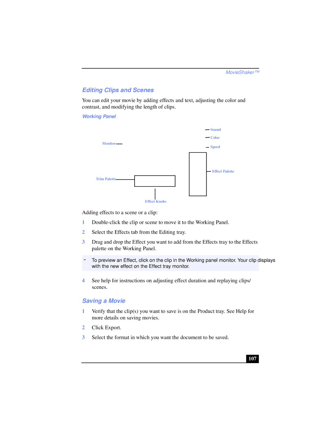 Sony PCG-XG38K, PCG-XG39K manual Editing Clips and Scenes, Saving a Movie, 107, Working Panel 