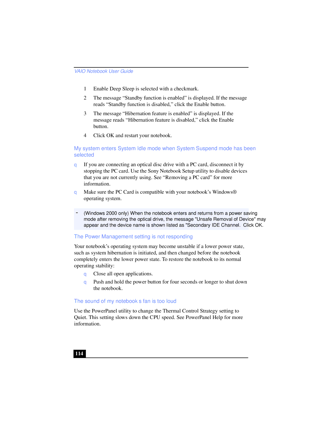 Sony PCG-XG39K, PCG-XG38K manual Power Management setting is not responding, Sound of my notebook’s fan is too loud, 114 