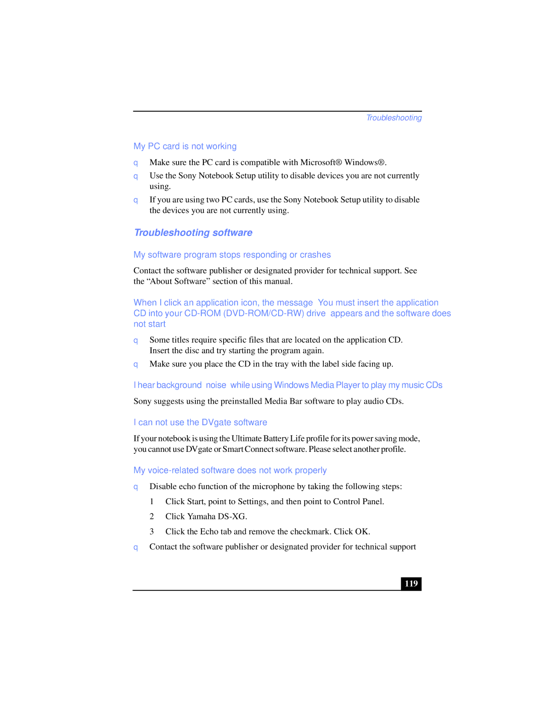 Sony PCG-XG38K manual Troubleshooting software, My PC card is not working, My software program stops responding or crashes 