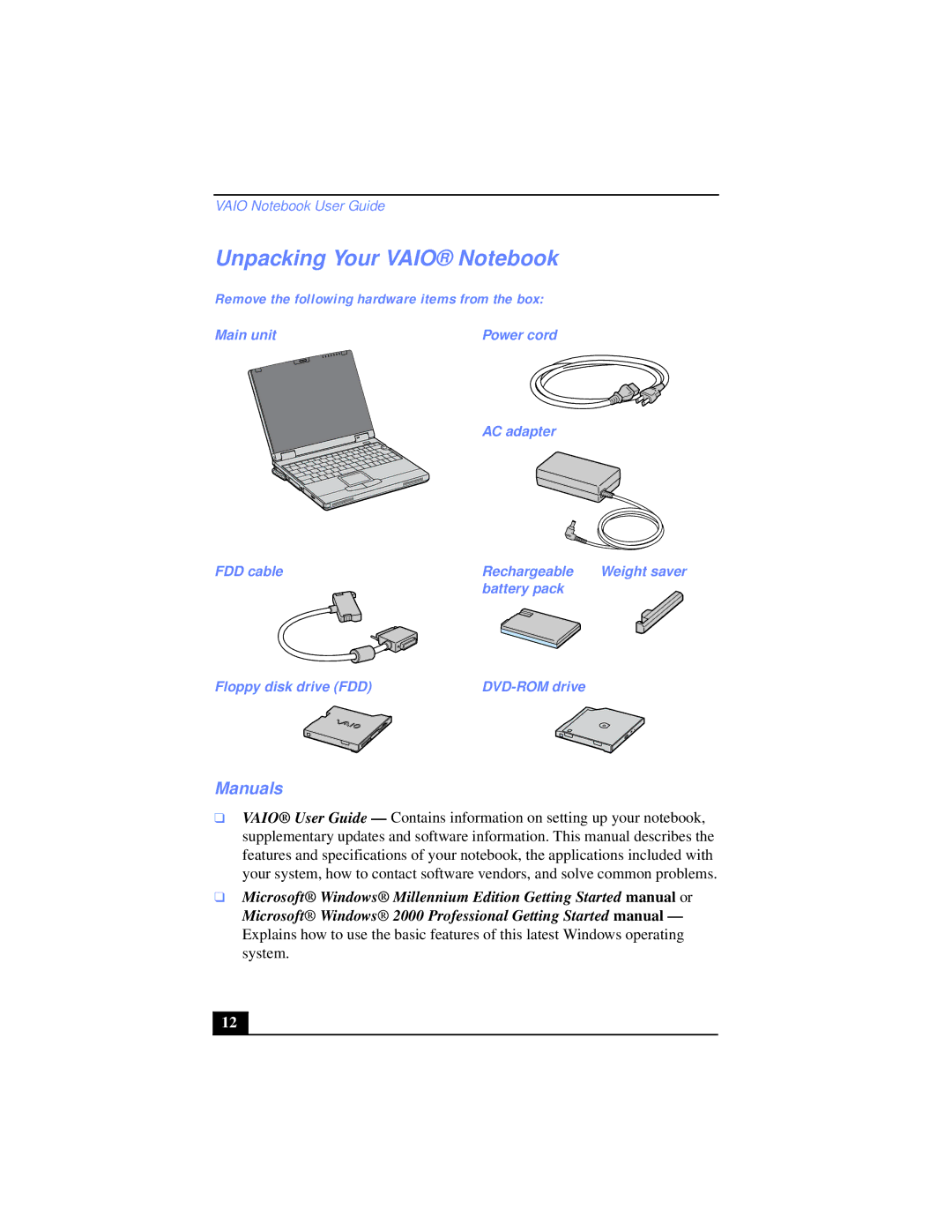 Sony PCG-XG38, PCG-XG39K manual Unpacking Your Vaio Notebook, Manuals, Remove the following hardware items from the box 