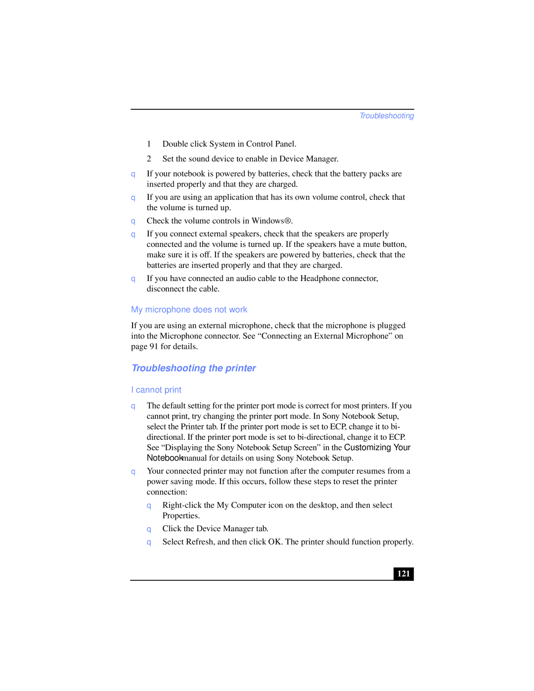 Sony PCG-XG39K, PCG-XG38K manual Troubleshooting the printer, My microphone does not work, Cannot print, 121 