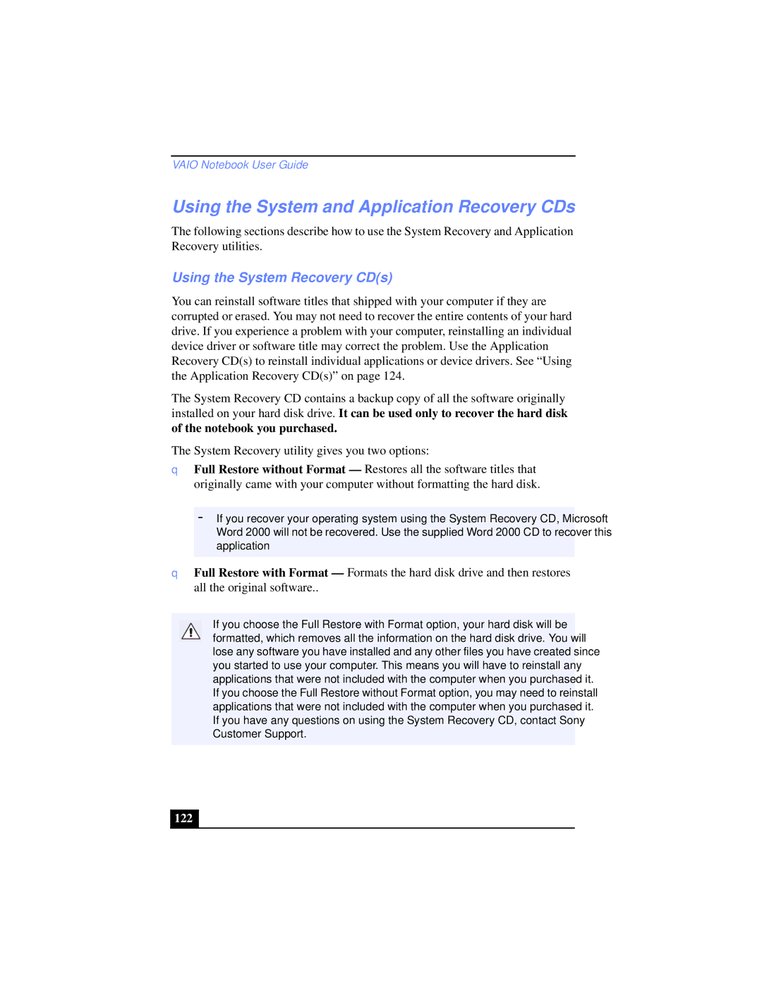 Sony PCG-XG39K, PCG-XG38K manual Using the System and Application Recovery CDs, Using the System Recovery CDs, 122 