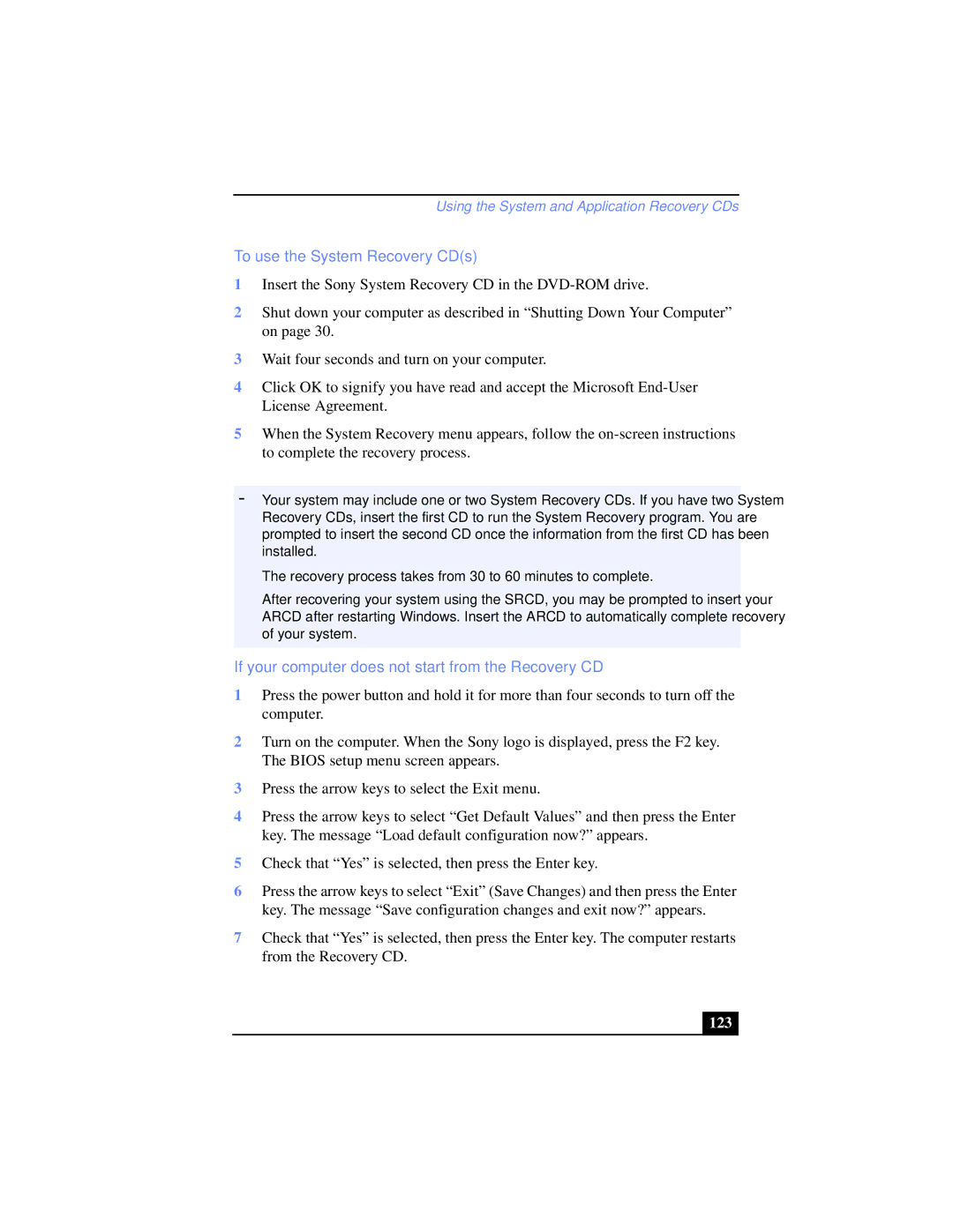 Sony PCG-XG38K, PCG-XG39 manual To use the System Recovery CDs, If your computer does not start from the Recovery CD, 123 