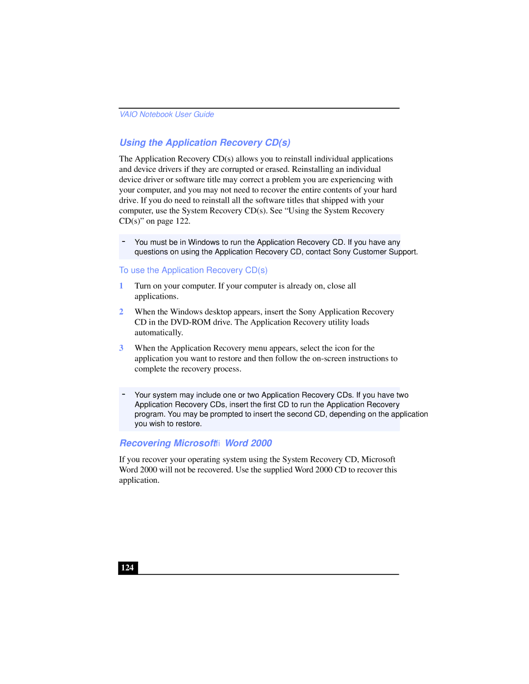 Sony PCG-XG38 Using the Application Recovery CDs, Recovering Microsoft Word, To use the Application Recovery CDs, 124 
