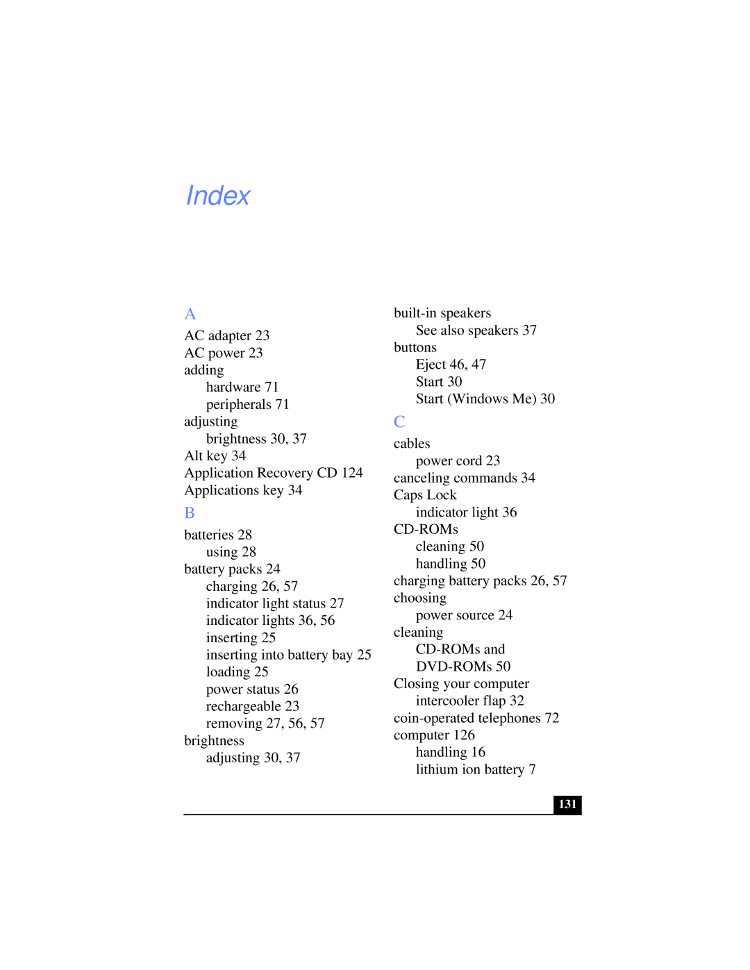 Sony PCG-XG38K, PCG-XG39K manual Index, 131 