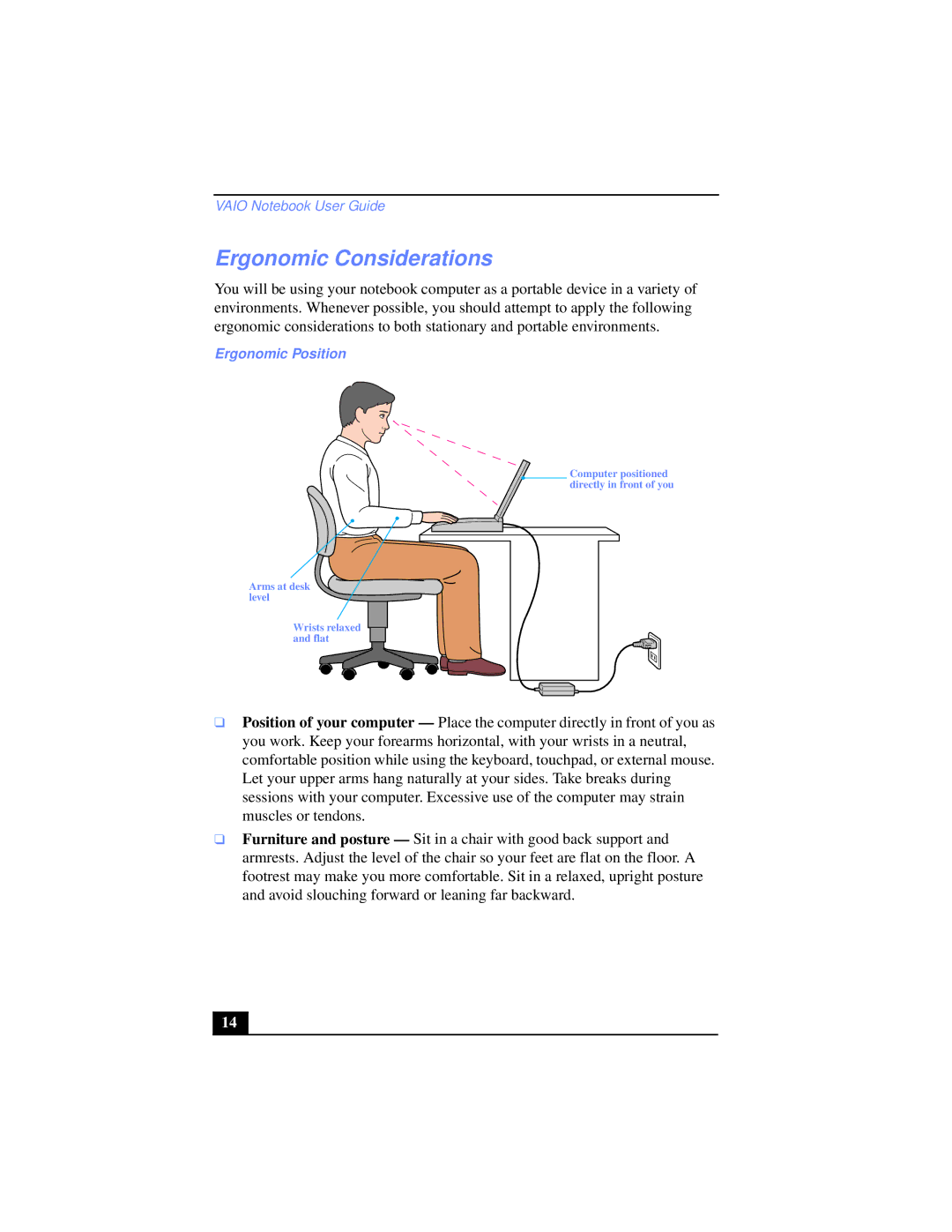 Sony PCG-XG39K, PCG-XG38K manual Ergonomic Considerations, Ergonomic Position 