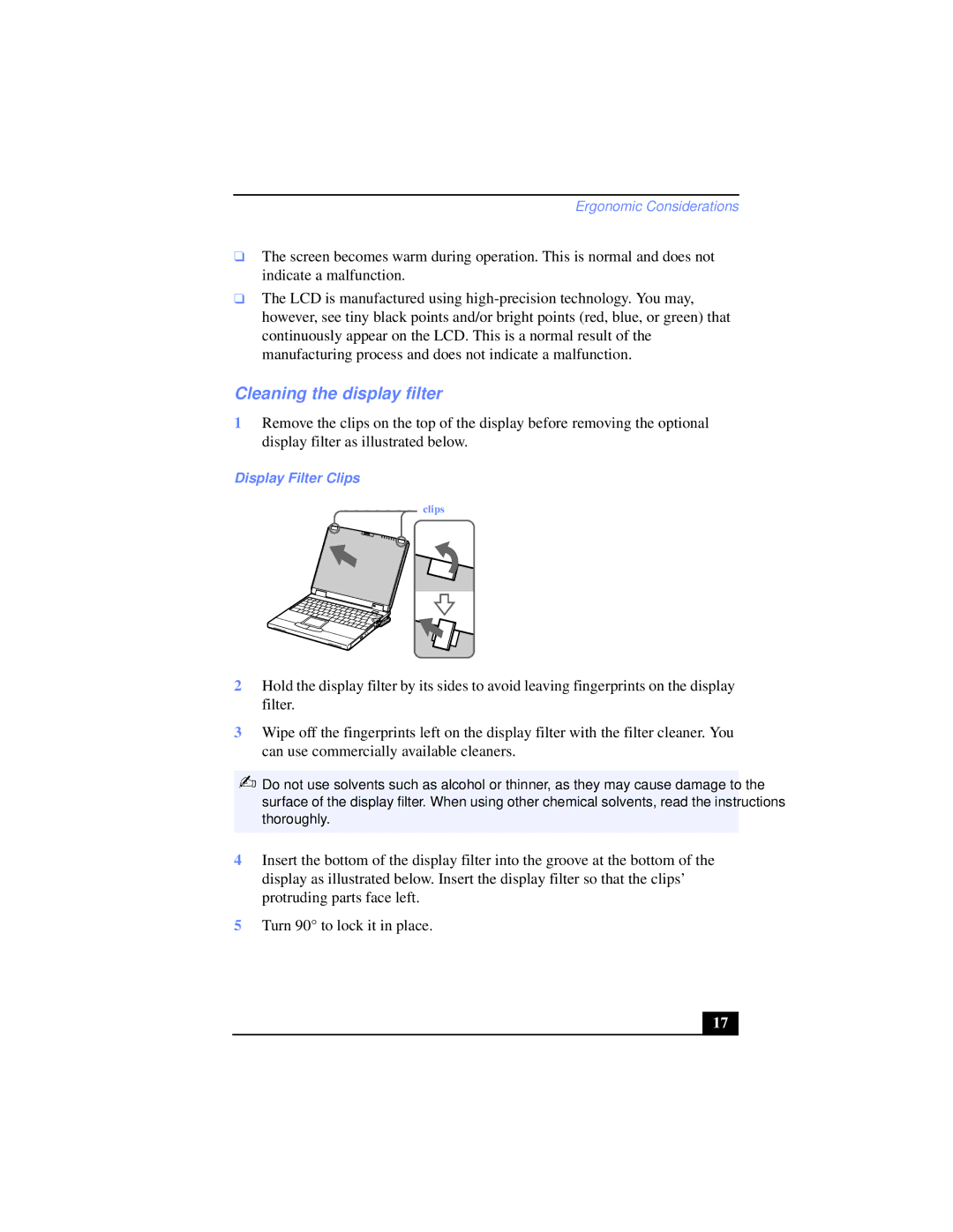 Sony PCG-XG39K, PCG-XG38K manual Cleaning the display filter, Display Filter Clips 