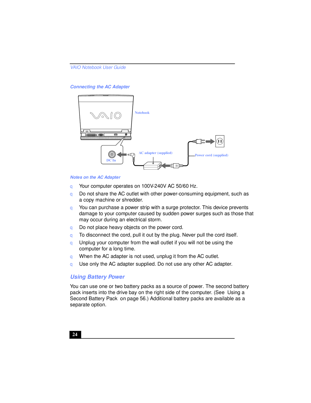 Sony PCG-XG39K, PCG-XG38K manual Using Battery Power, Connecting the AC Adapter 