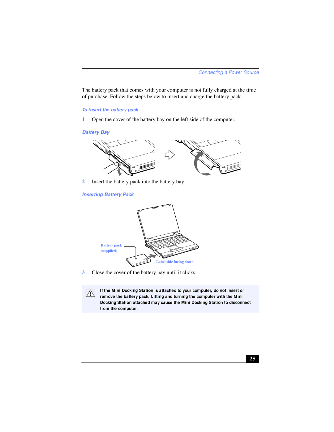 Sony PCG-XG39K, PCG-XG38K manual To insert the battery pack, Inserting Battery Pack 