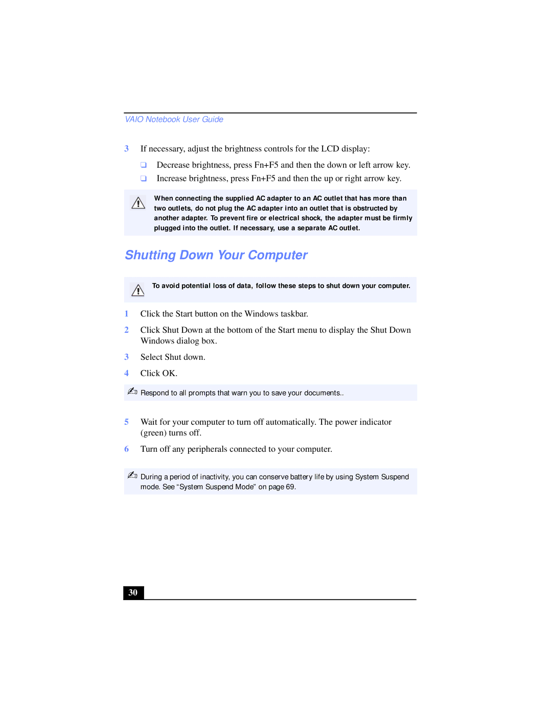 Sony PCG-XG39K, PCG-XG38K manual Shutting Down Your Computer 