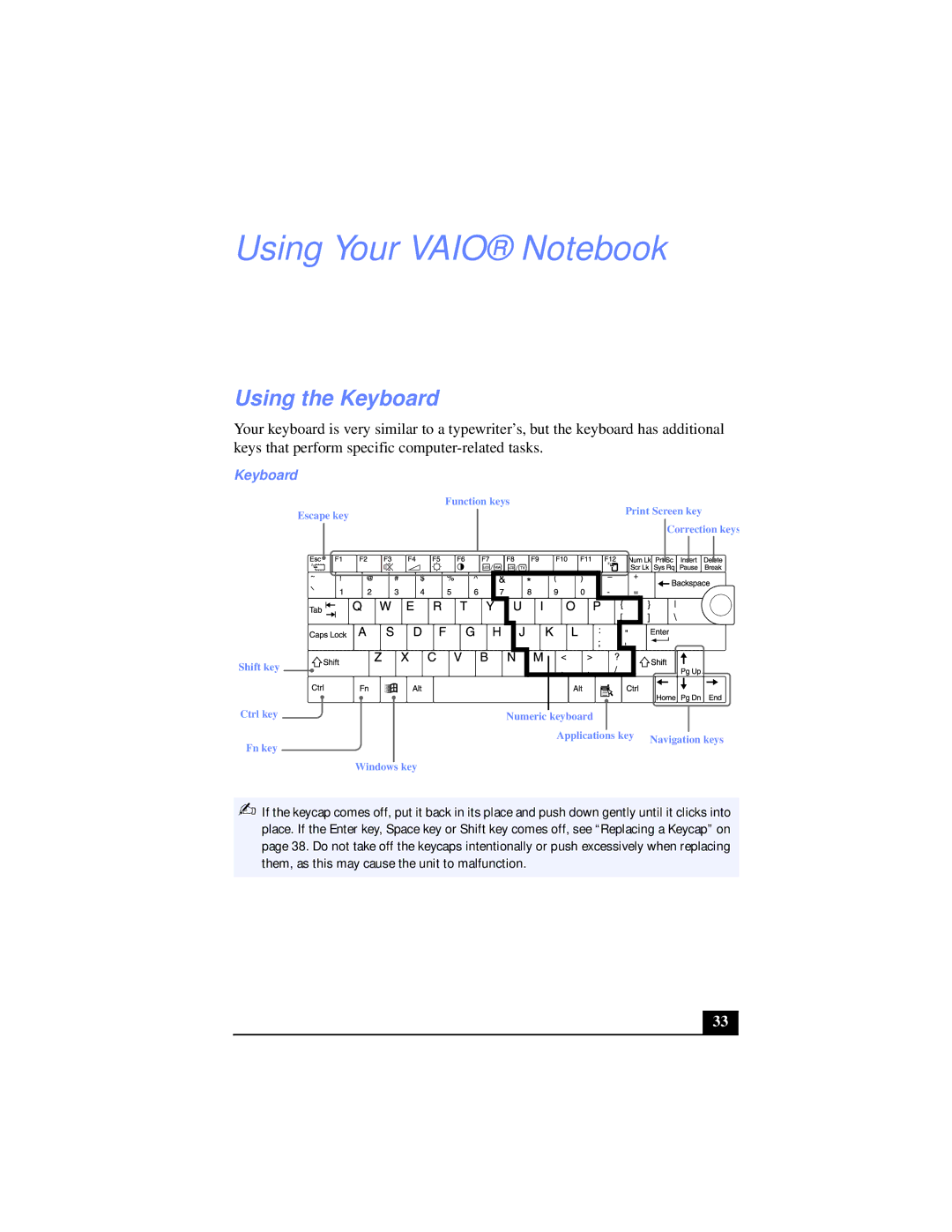 Sony PCG-XG39K, PCG-XG38K manual Using Your Vaio Notebook, Using the Keyboard 