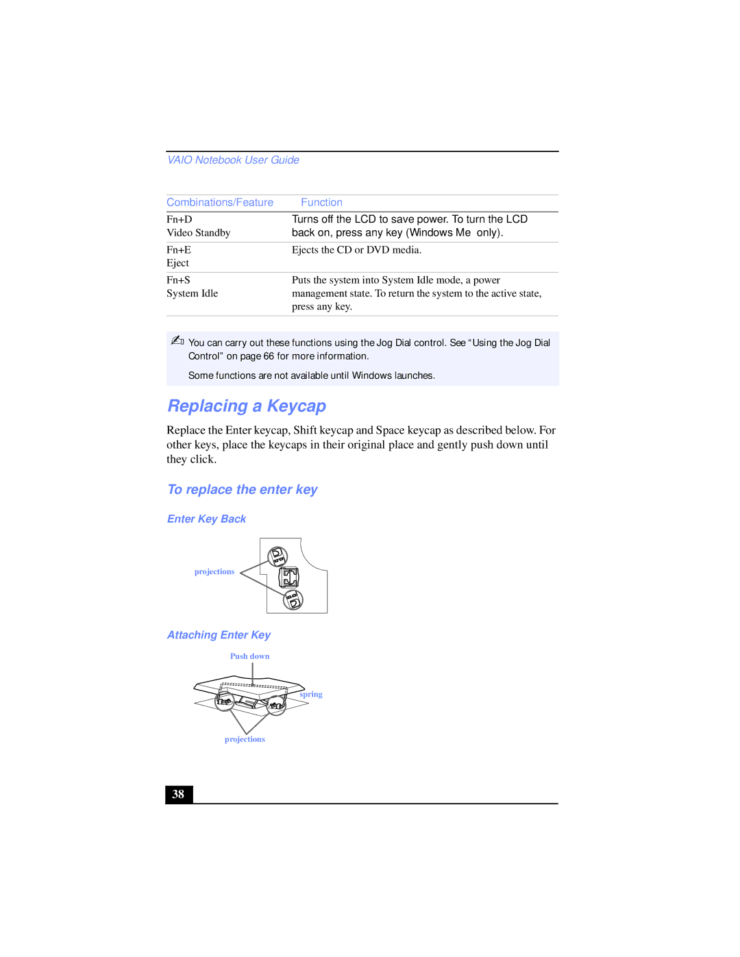 Sony PCG-XG39K, PCG-XG38 manual Replacing a Keycap, To replace the enter key, Combinations/Feature Function, Enter Key Back 