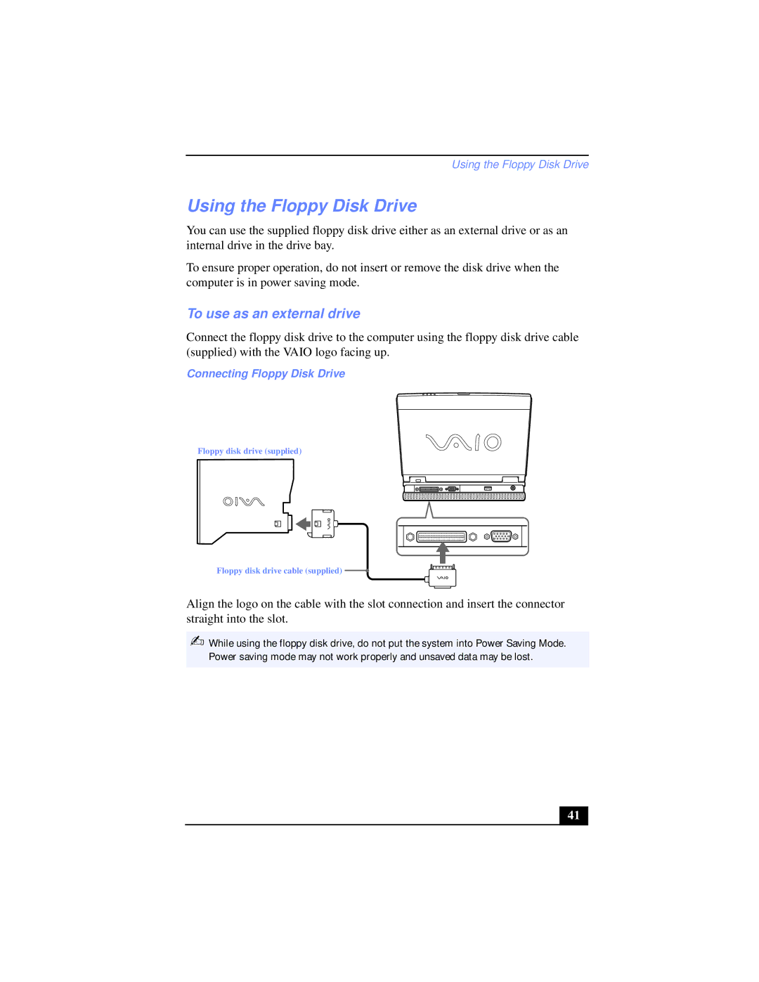 Sony PCG-XG38, PCG-XG39K manual Using the Floppy Disk Drive, To use as an external drive, Connecting Floppy Disk Drive 