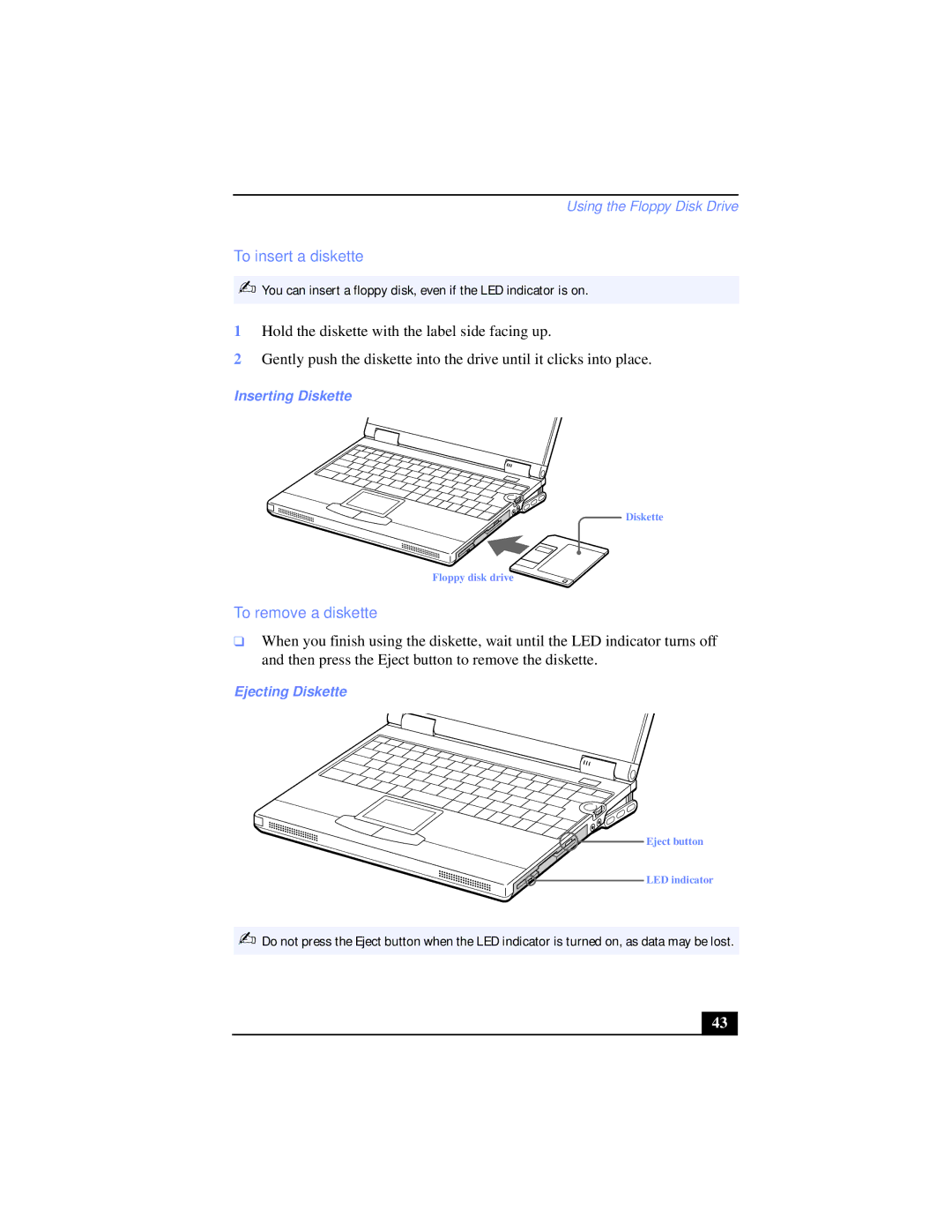 Sony PCG-XG38K, PCG-XG39K manual To insert a diskette, To remove a diskette, Inserting Diskette, Ejecting Diskette 