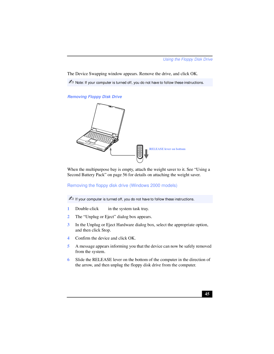 Sony PCG-XG39K, PCG-XG38K manual Removing the floppy disk drive Windows 2000 models, Removing Floppy Disk Drive 