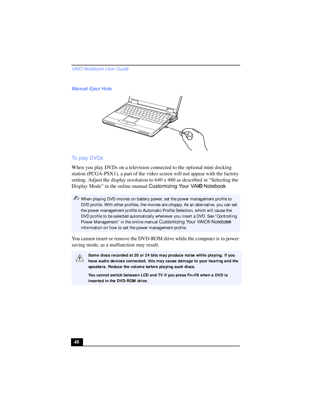 Sony PCG-XG39K, PCG-XG38K manual To play DVDs, Manual Eject Hole 