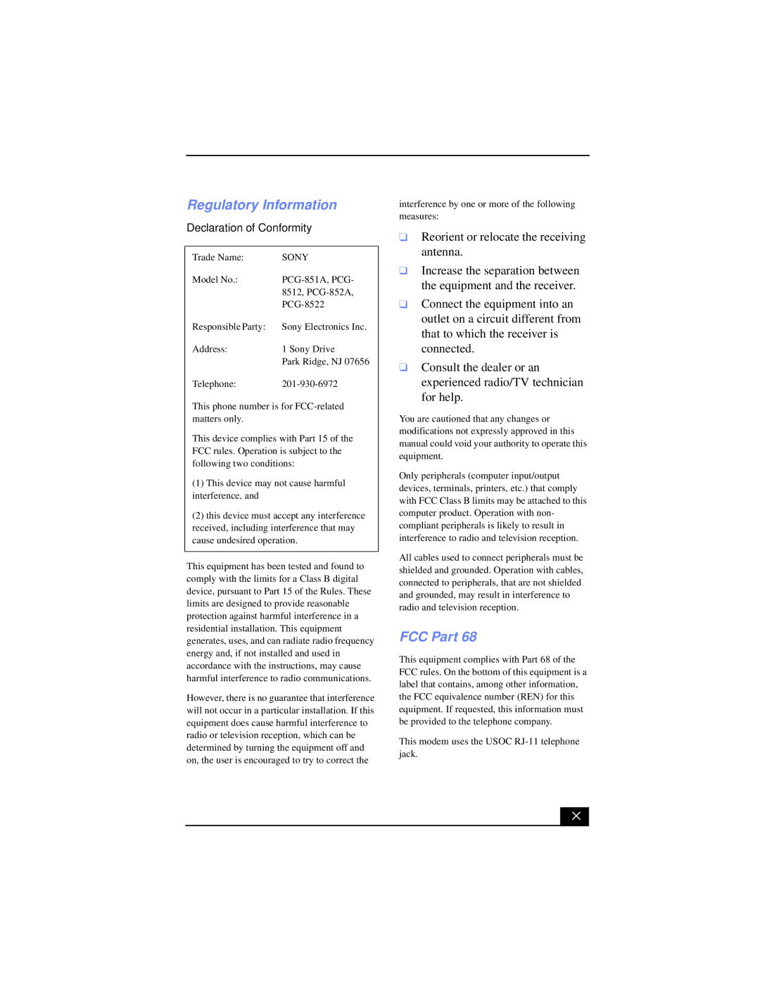 Sony PCG-XG39K, PCG-XG38K manual Regulatory Information, FCC Part 