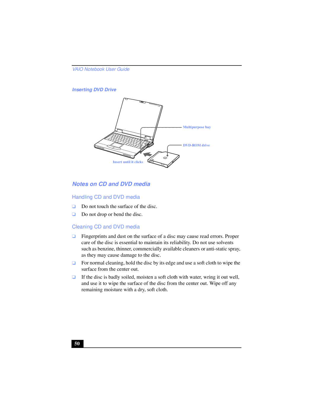 Sony PCG-XG39K, PCG-XG38K manual Handling CD and DVD media, Cleaning CD and DVD media, Inserting DVD Drive 