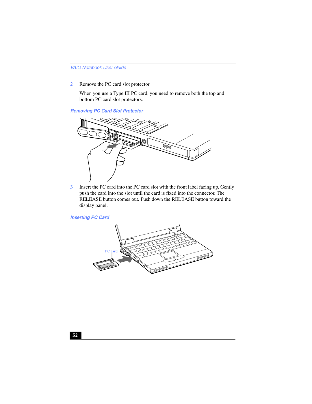 Sony PCG-XG39K, PCG-XG38K manual Removing PC Card Slot Protector, Inserting PC Card 