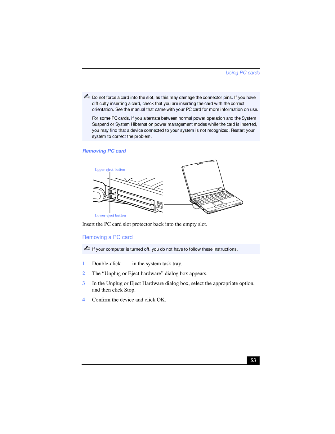 Sony PCG-XG39K, PCG-XG38K manual Removing a PC card, Removing PC card 