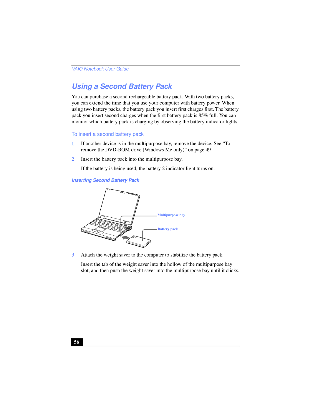 Sony PCG-XG38, PCG-XG39 manual Using a Second Battery Pack, To insert a second battery pack, Inserting Second Battery Pack 