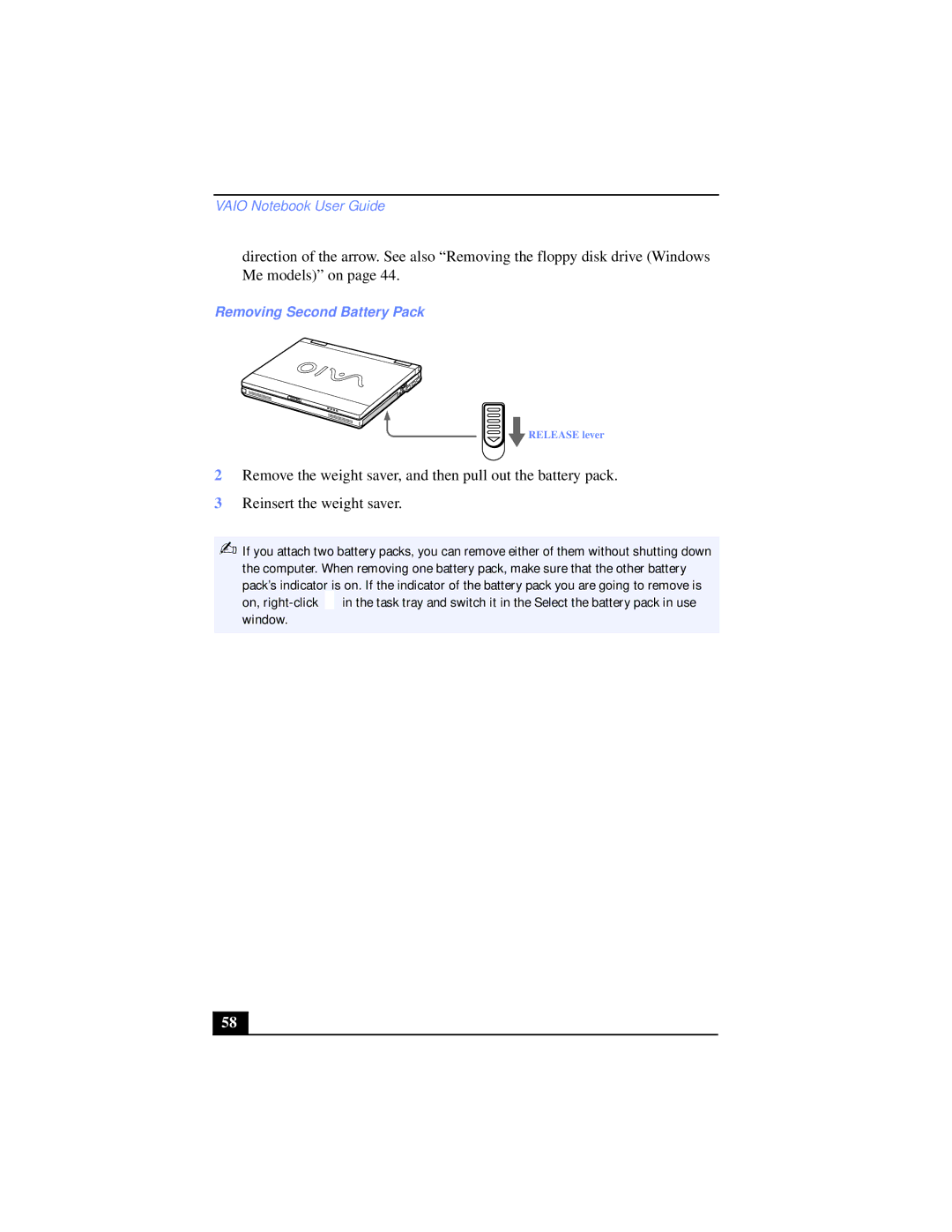 Sony PCG-XG39K, PCG-XG38K manual Removing Second Battery Pack 