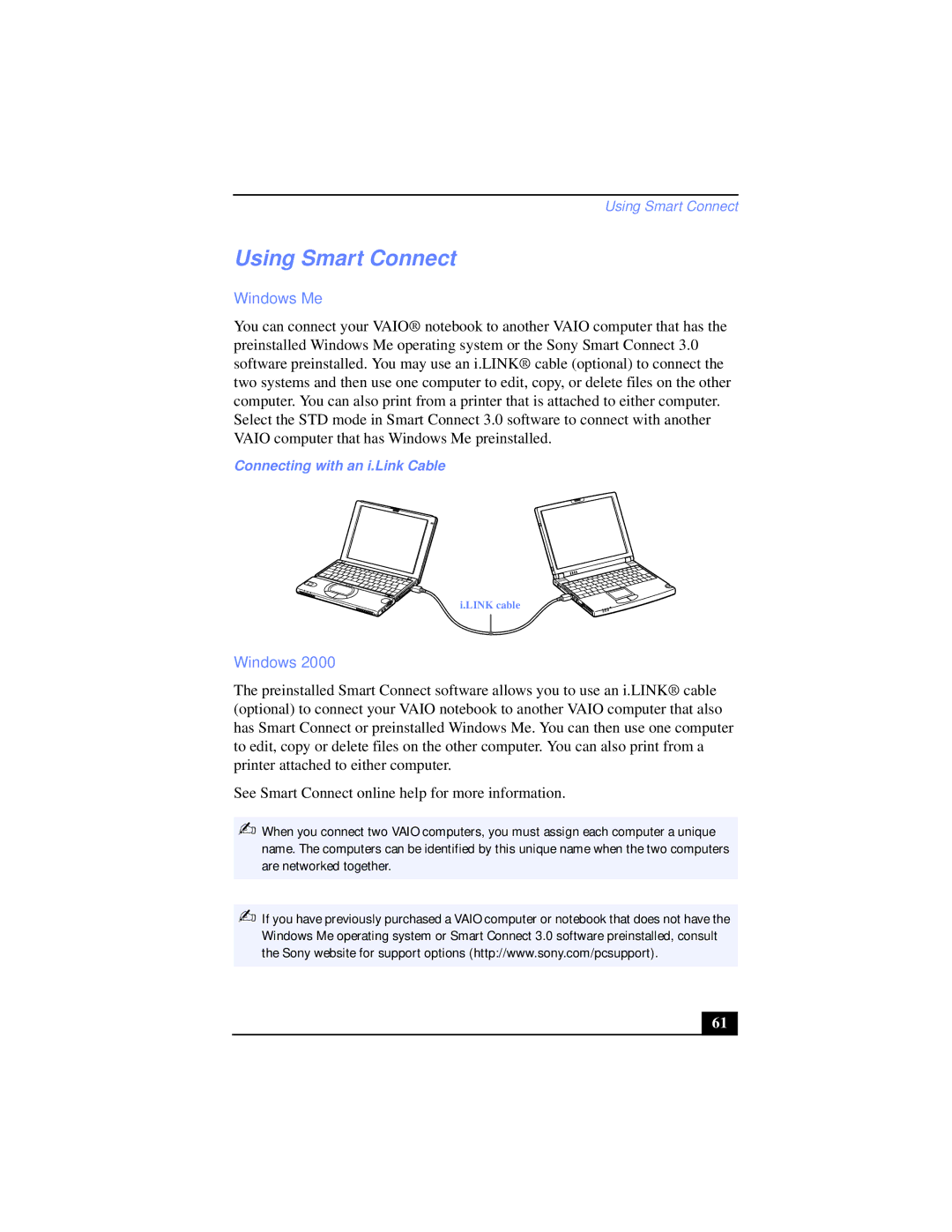 Sony PCG-XG39K, PCG-XG38K manual Using Smart Connect, Windows Me, Connecting with an i.Link Cable 