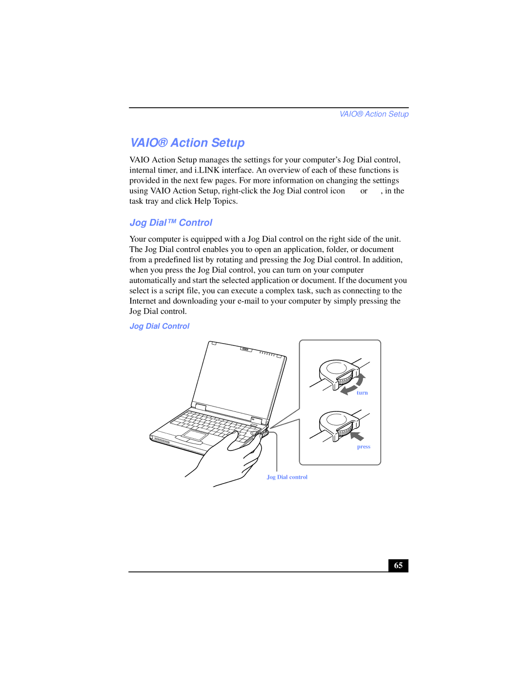 Sony PCG-XG39K, PCG-XG38K manual Vaio Action Setup, Jog Dial Control 