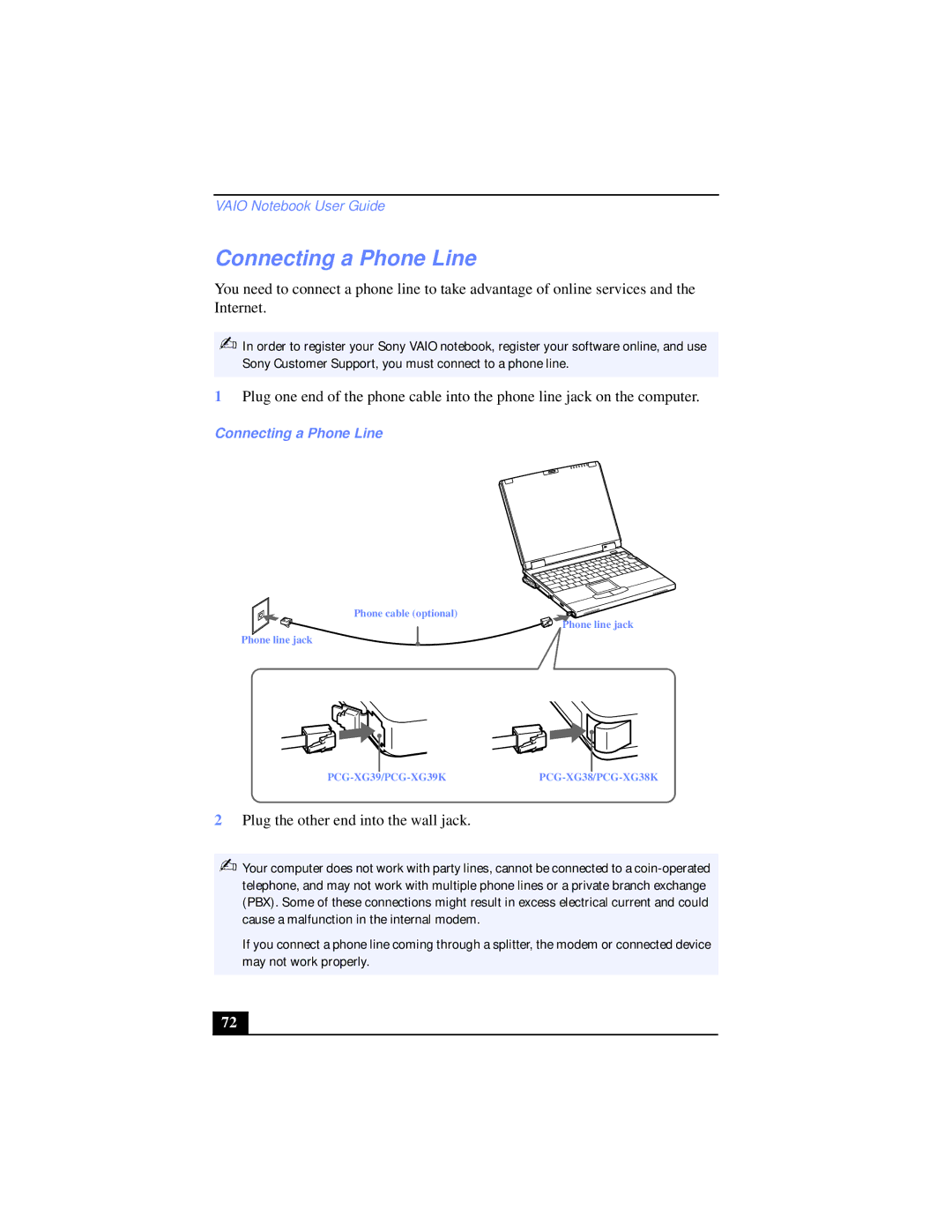 Sony PCG-XG39K, PCG-XG38K manual Connecting a Phone Line 