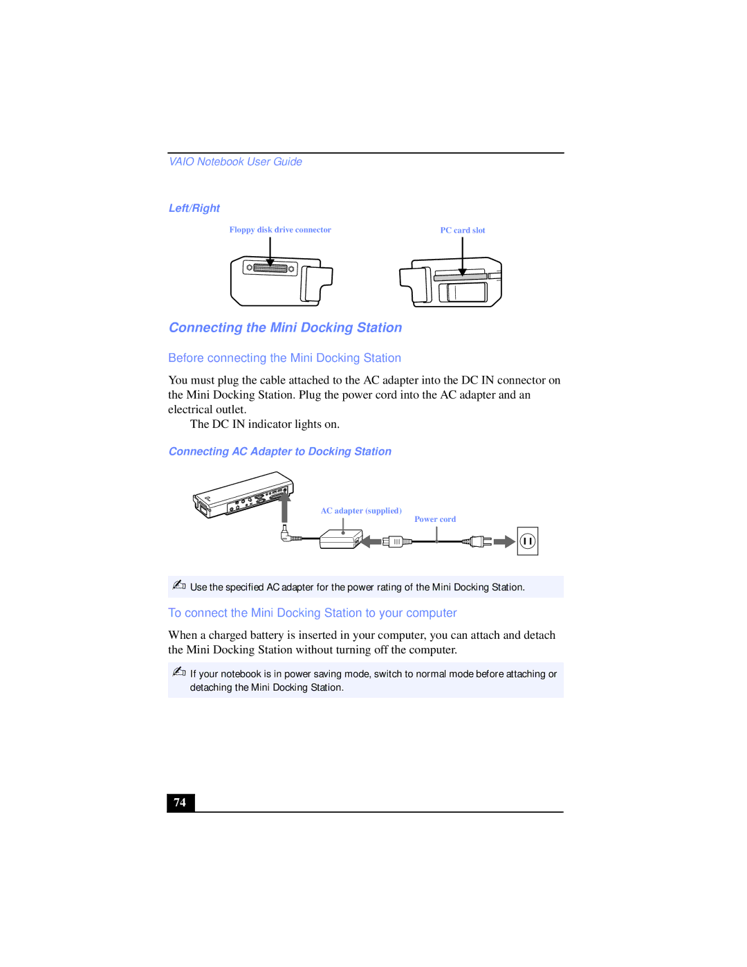 Sony PCG-XG39K, PCG-XG38 manual Connecting the Mini Docking Station, Before connecting the Mini Docking Station, Left/Right 