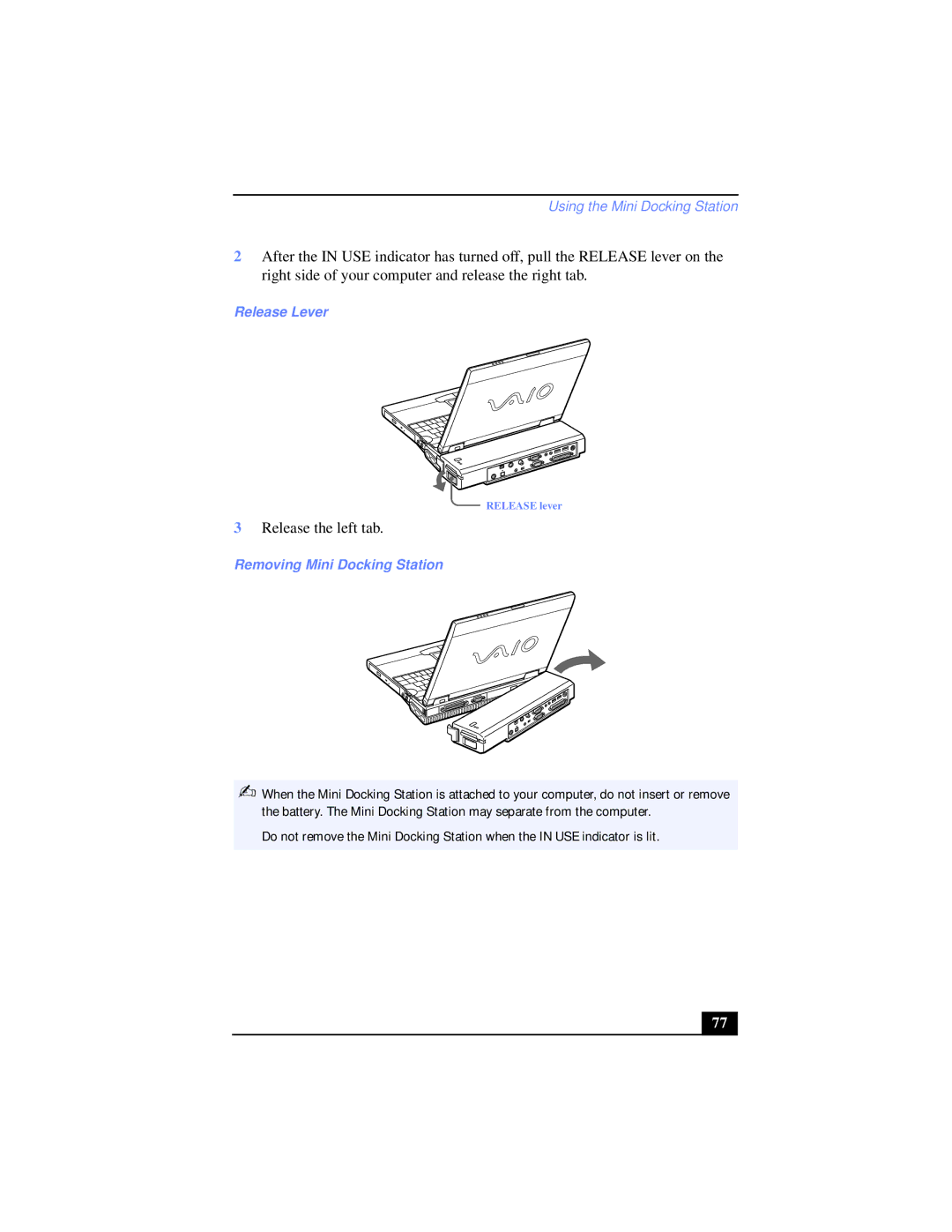 Sony PCG-XG39K, PCG-XG38K manual Release the left tab, Removing Mini Docking Station 