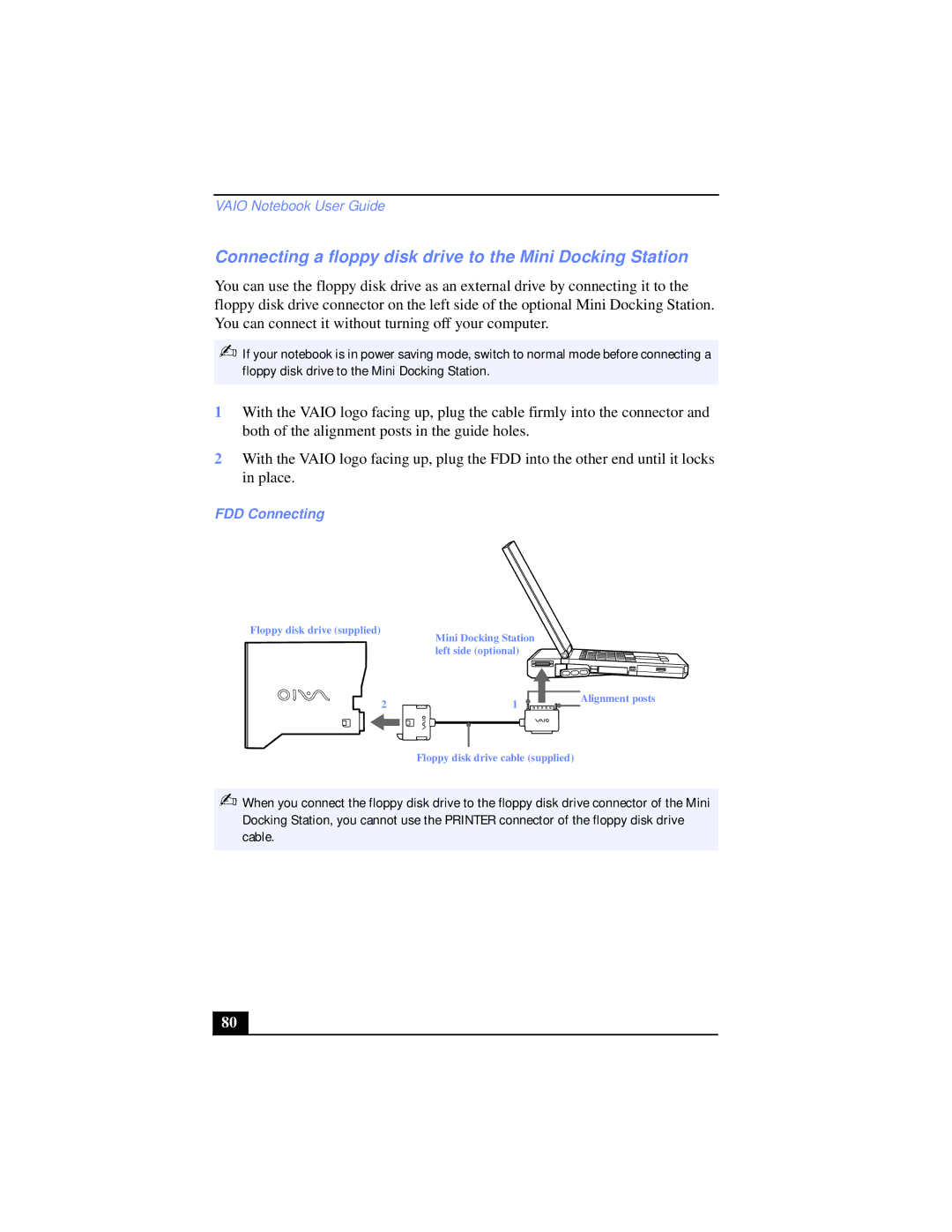 Sony PCG-XG39K, PCG-XG38K manual Connecting a floppy disk drive to the Mini Docking Station, FDD Connecting 