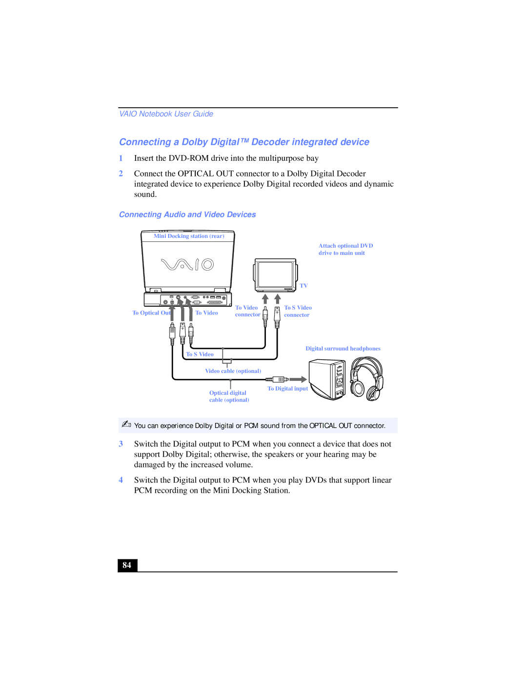 Sony PCG-XG38, PCG-XG39K manual Connecting a Dolby Digital Decoder integrated device, Connecting Audio and Video Devices 